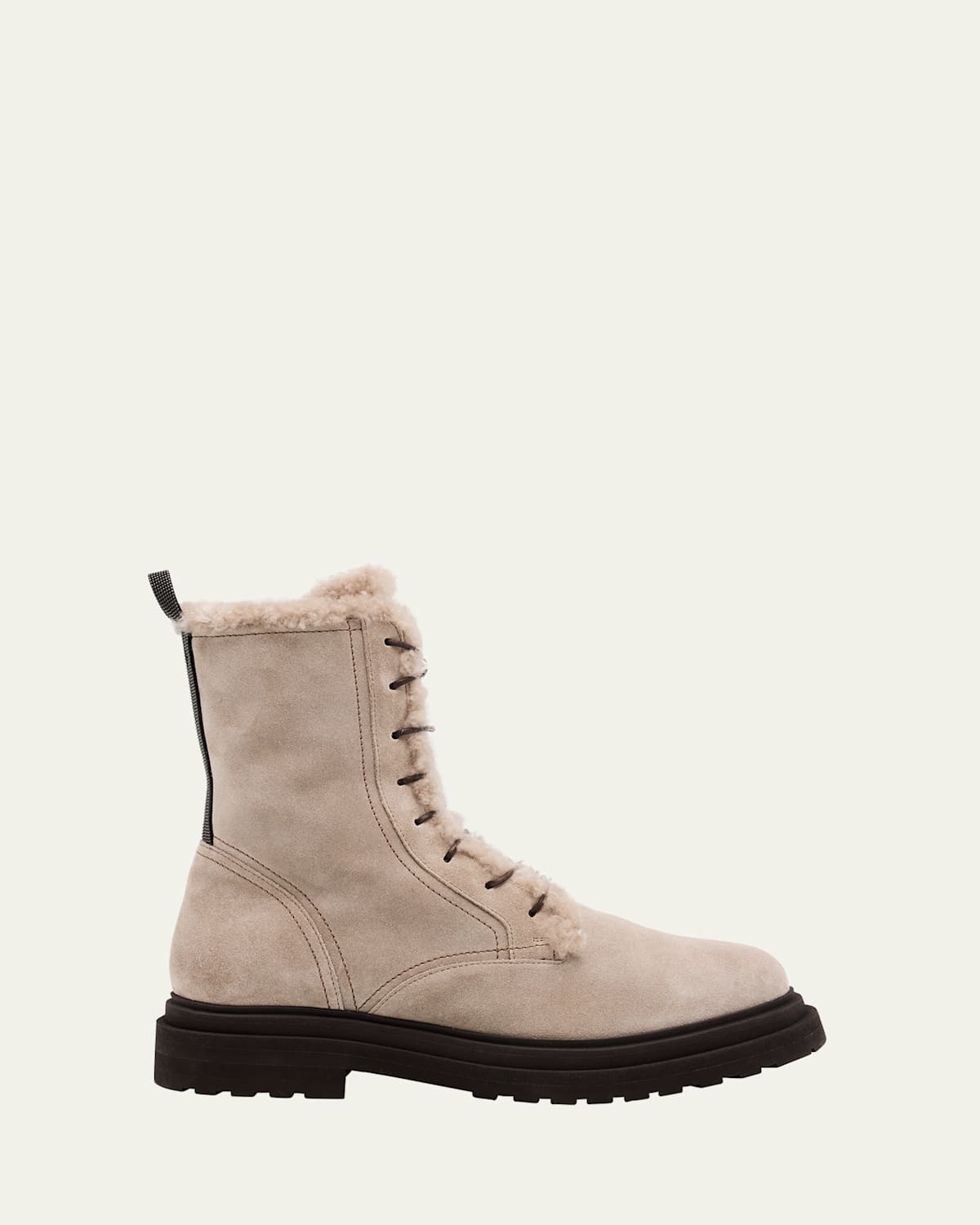 Brunello Cucinelli Monili Loop Shearling-lined Suede Combat Boots In Neutral