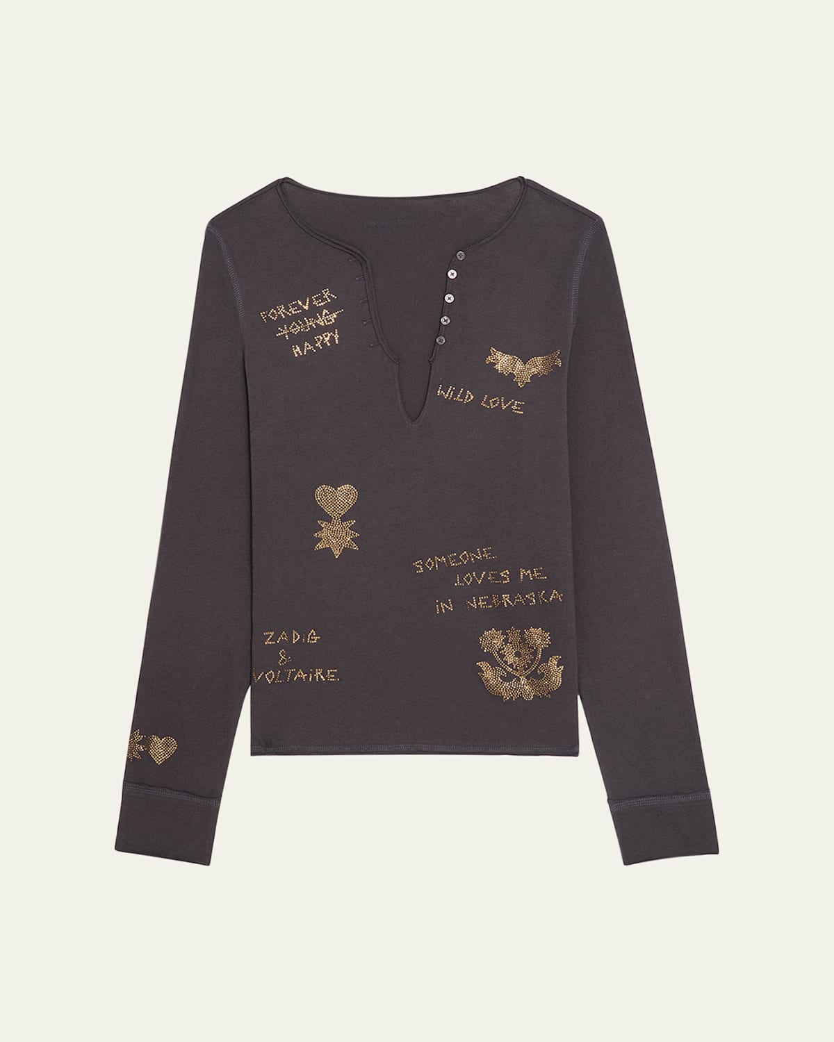 Zadig & Voltaire Womens Dark Chocolate Tuni Henley-collar Rhinestone-embellished Cotton T-shirt In Brown