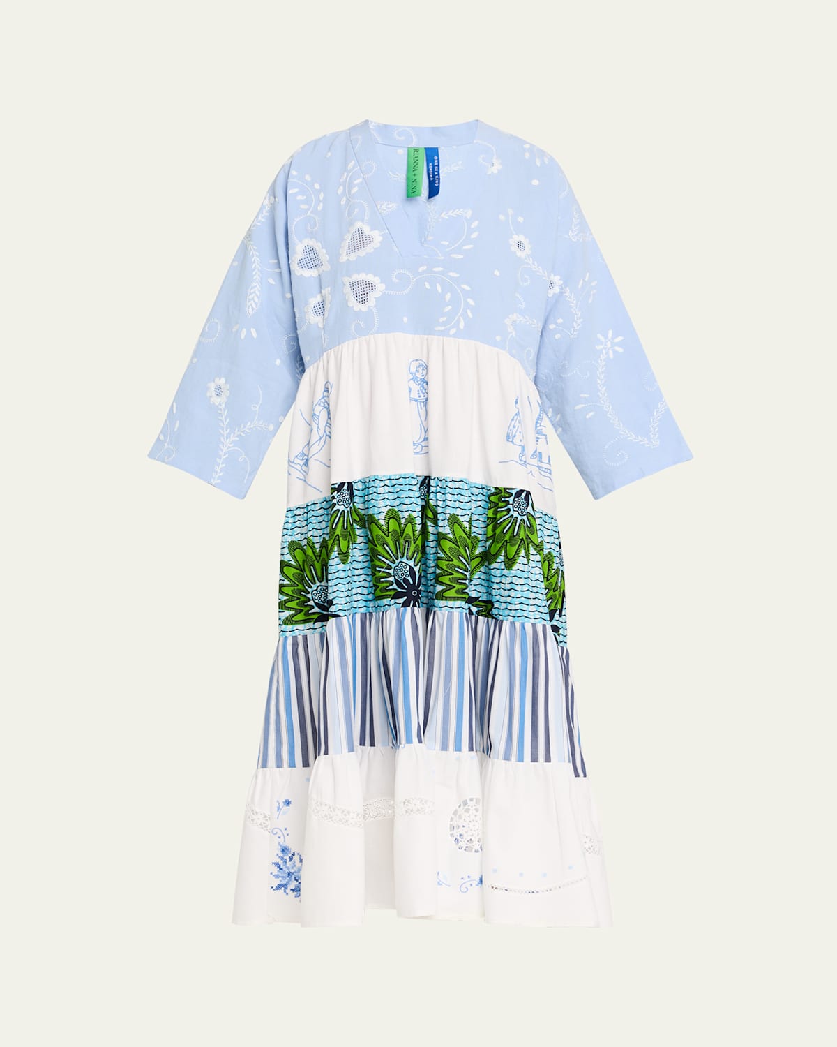 Rianna + Nina Ooak Kendima Volant Tiered Patchwork Midi Dress In Blue