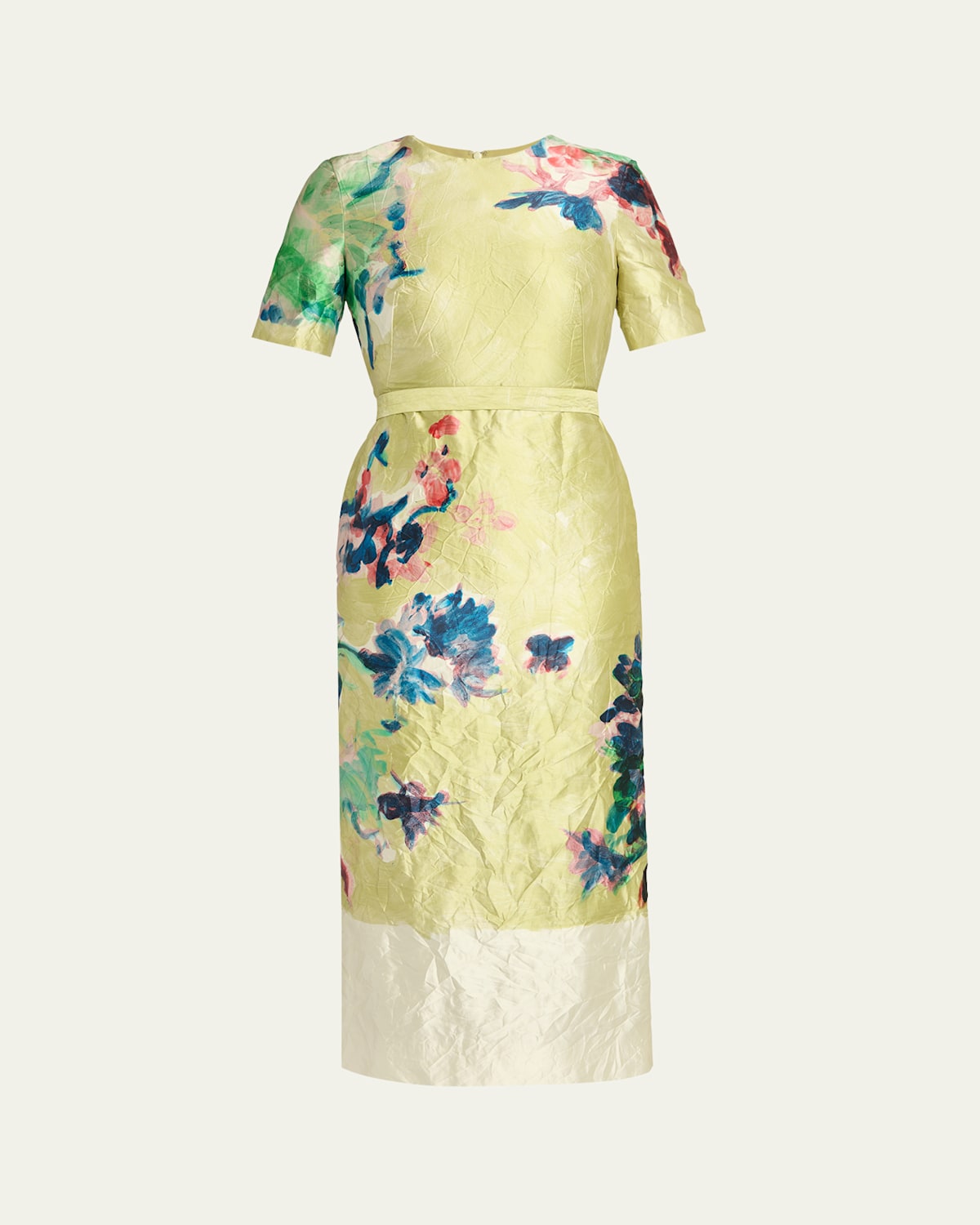 Crinkled Metallic Floral Short-Sleeve Midi Dress