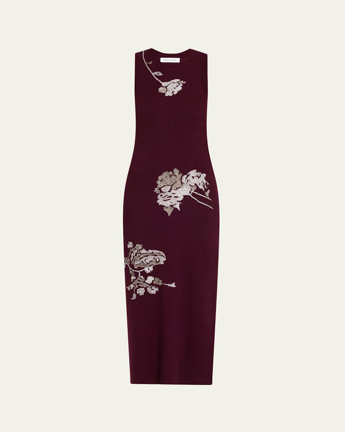 Floral Embroidered Sleeveless Rib Midi Dress