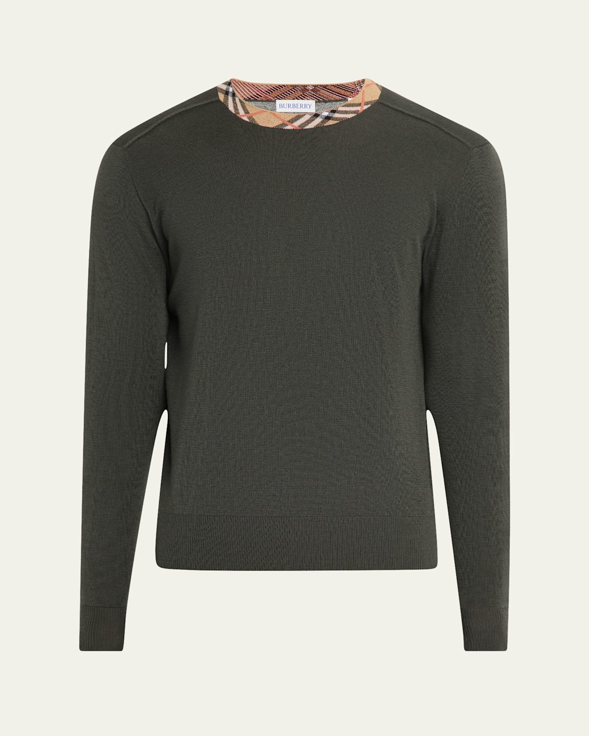 Men's Wool Knit Check-Trim Crewneck Sweater