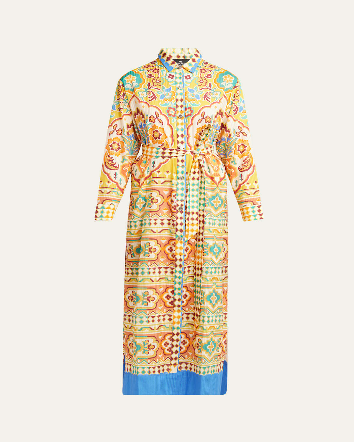 Etro Tile-print Belted Long-sleeve Midi Shirtdress In Yellow