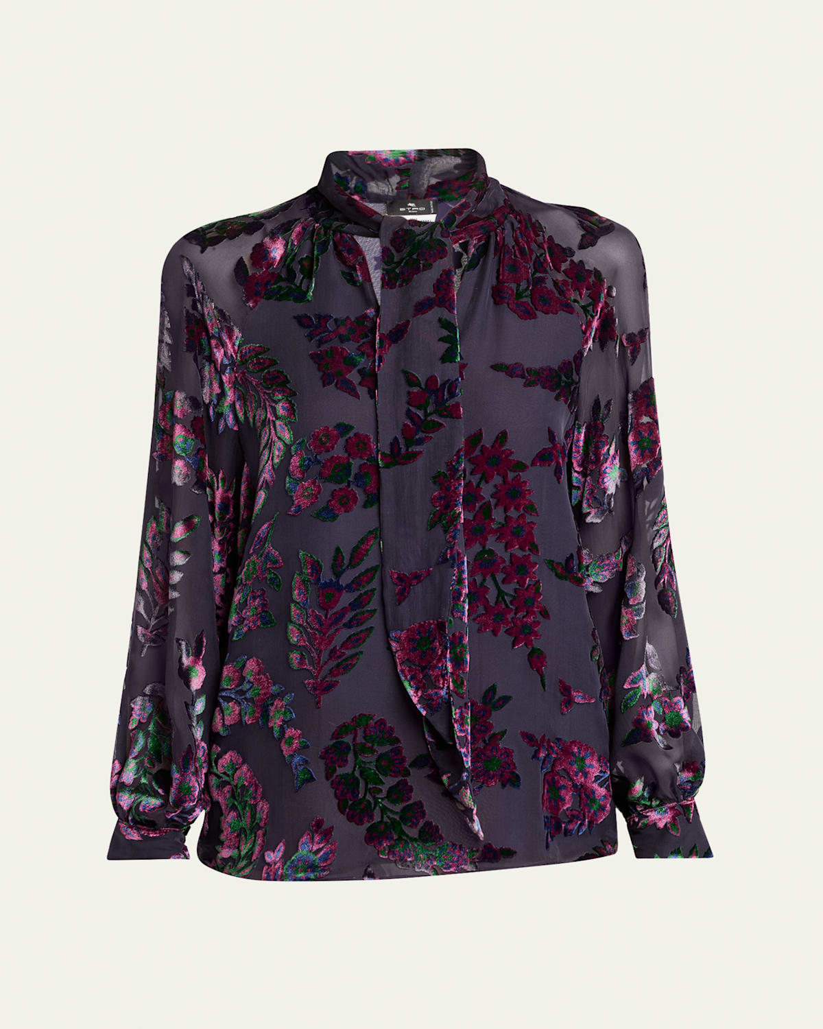 Etro Long-sleeve Burnout Tie-neck Blouse In Multi
