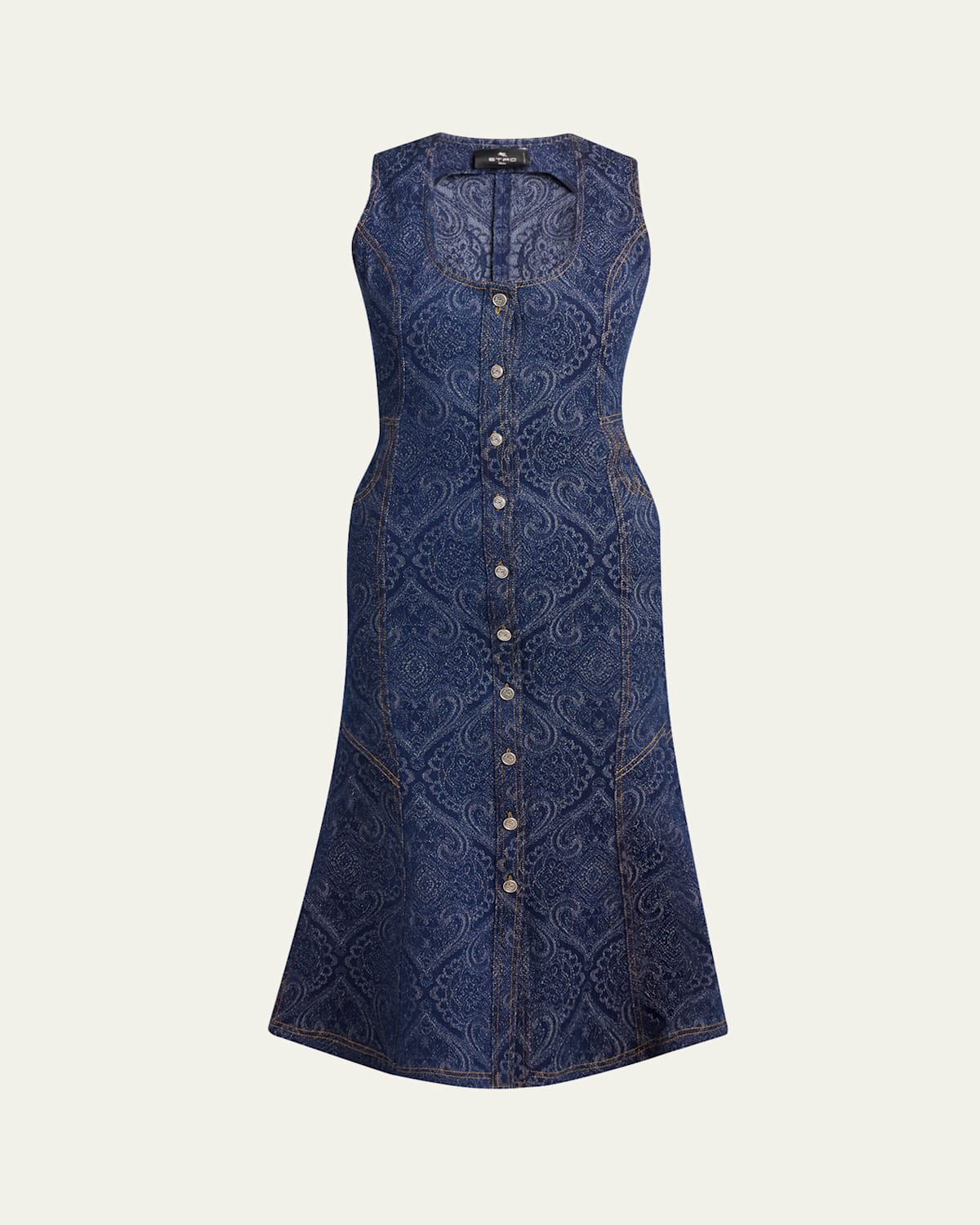Etro Button-front Denim Paisley Midi Dress In Multi