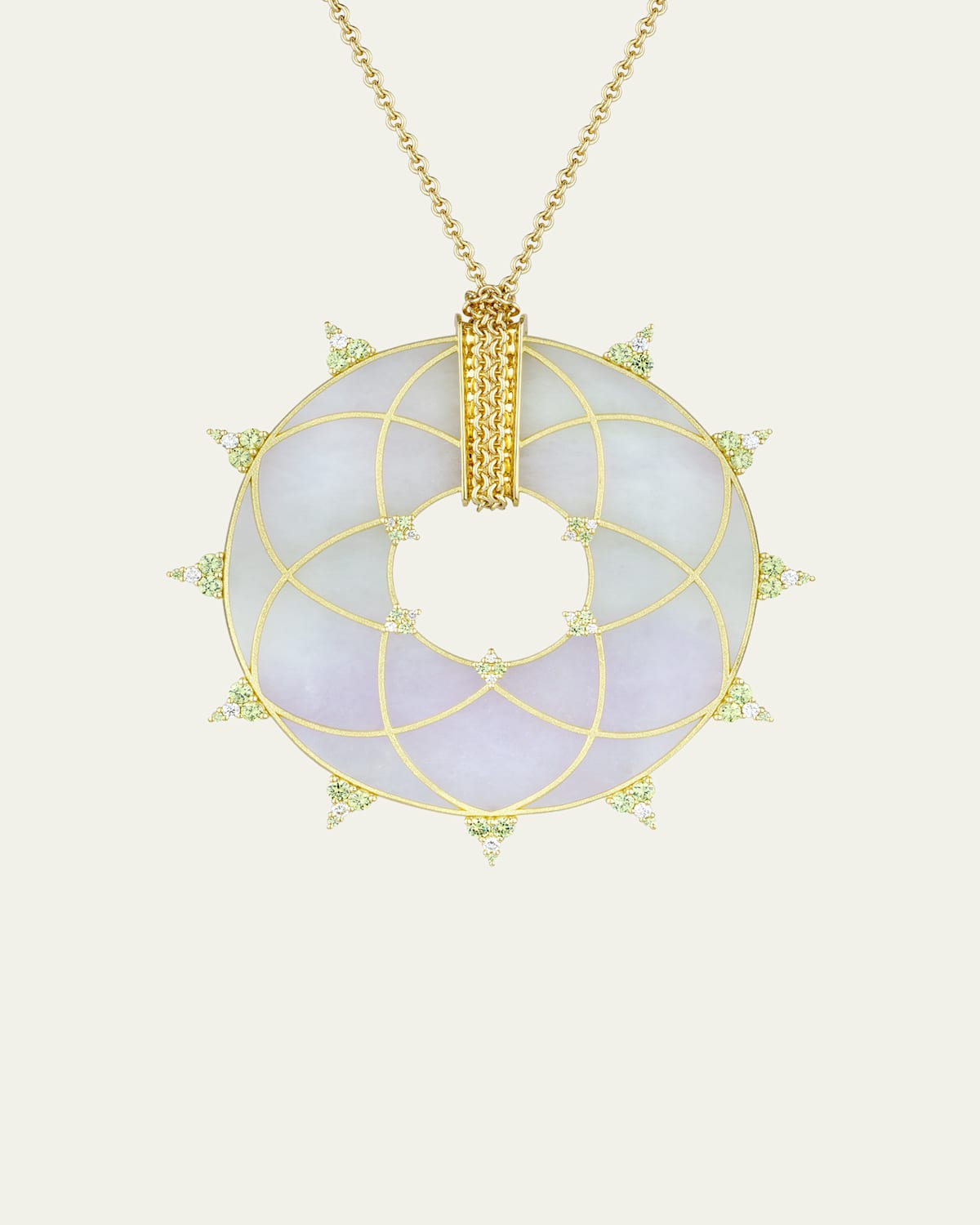 18K Yellow Gold White Diamond, Demantoid Garnet and Lavender Jade Disc Necklace