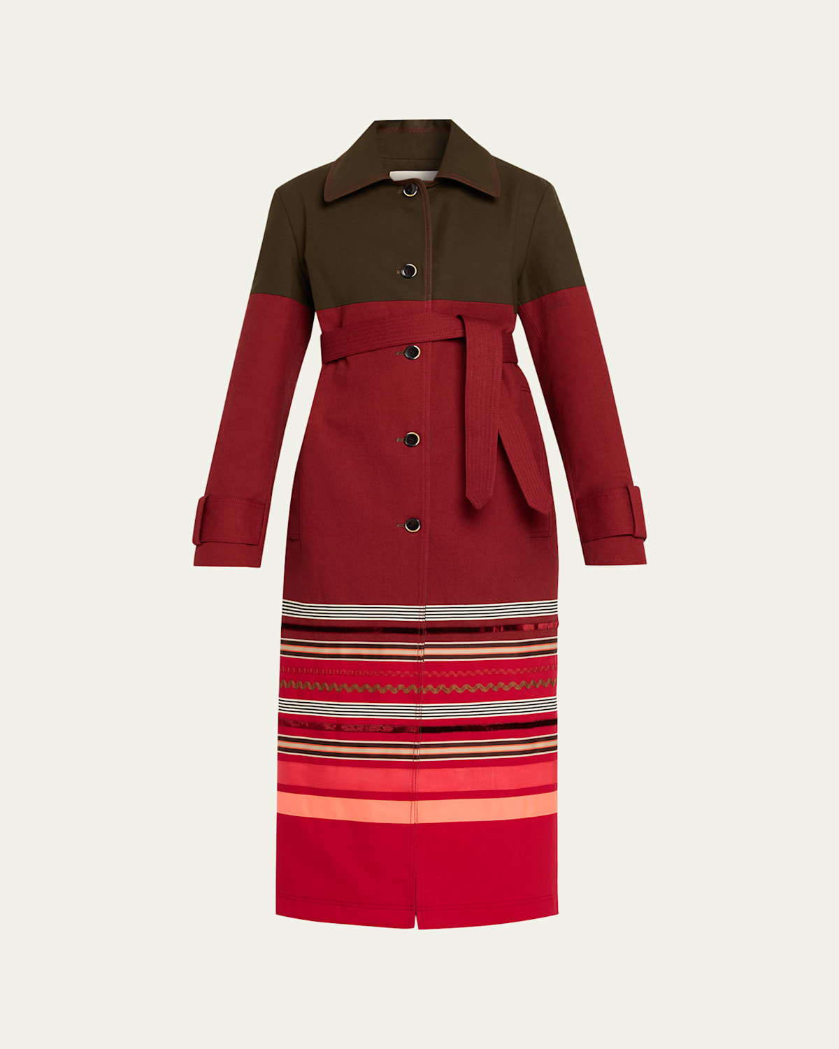 Christopher John Rogers Embroidered Stripe Belted Long Trench Coat