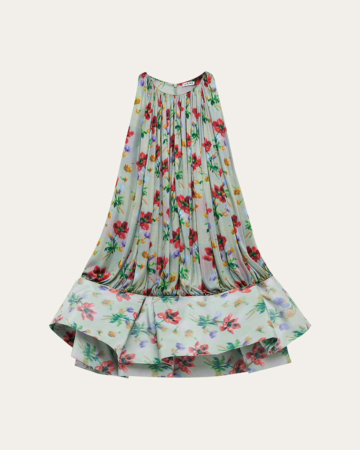 Loewe Flamenco Pleated Floral Satin Drop-waist Mini Dress In Multi