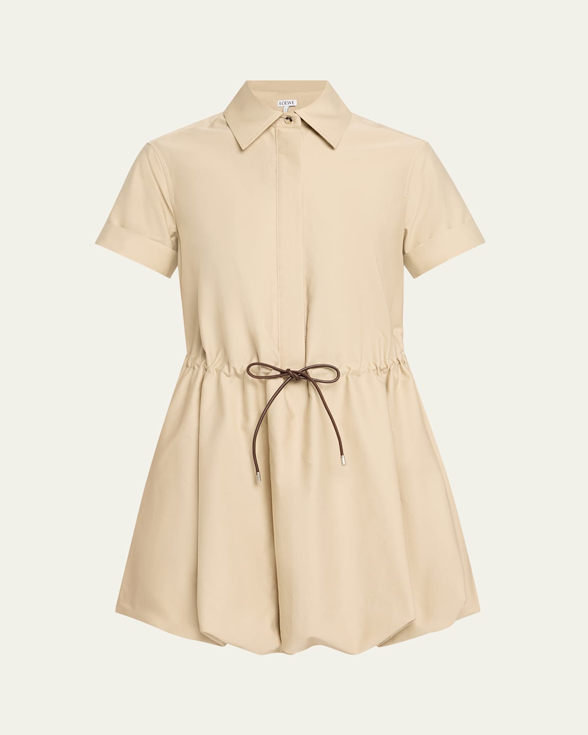 Short-Sleeve Cinched-Waist Mini Bubble Shirtdress