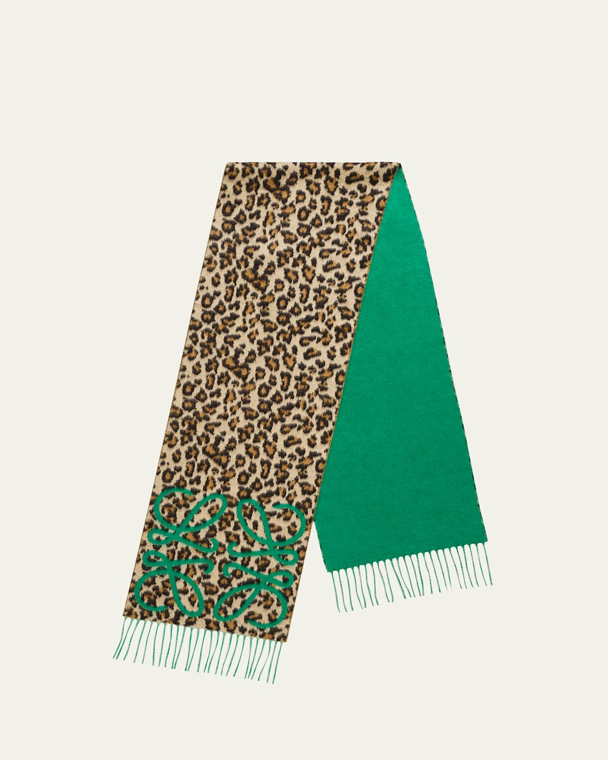 Loewe Anagram Leopard-print Cashmere Scarf In Green