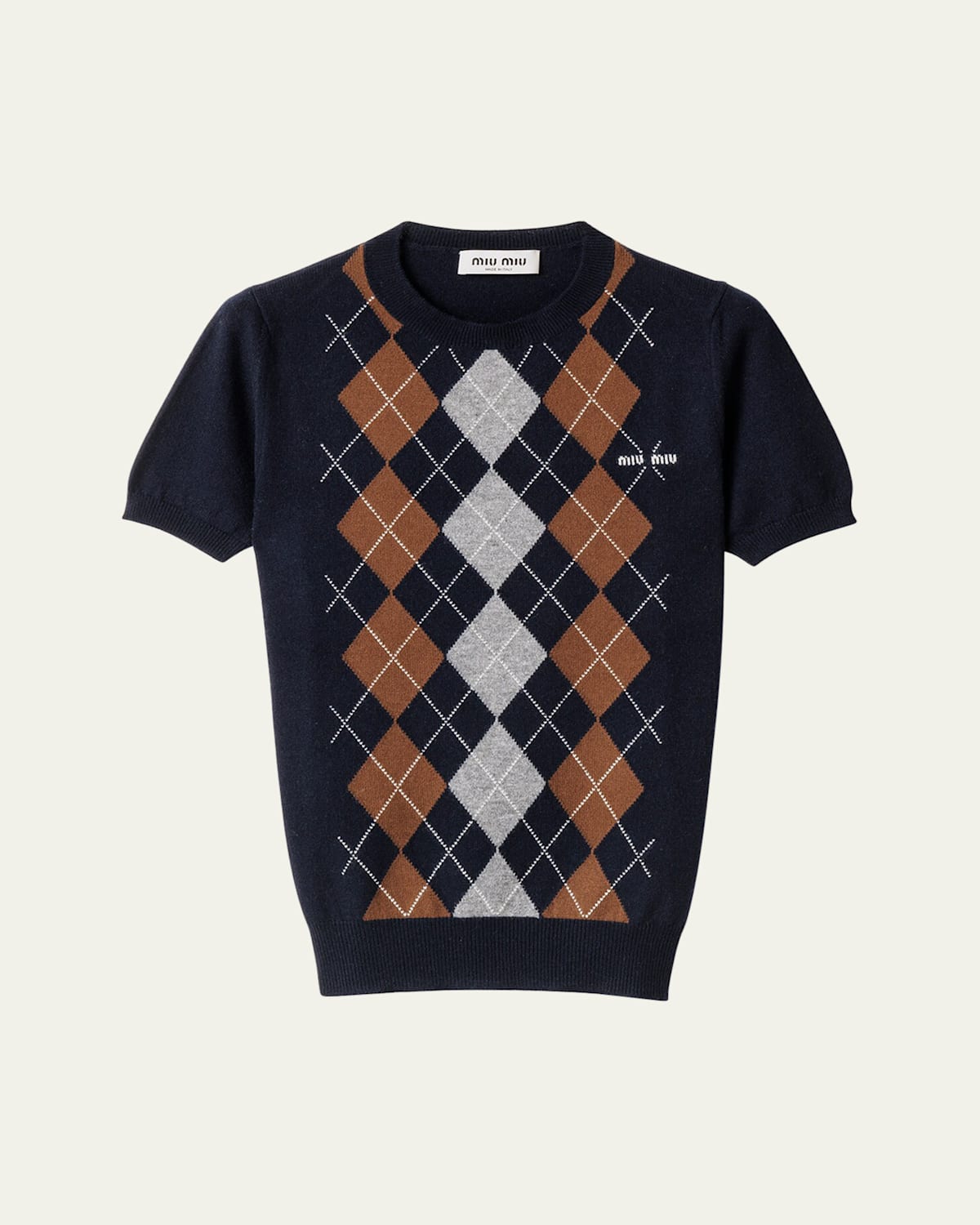 Miu Miu Cashmere Argyle Short-sleeve Sweater In Black