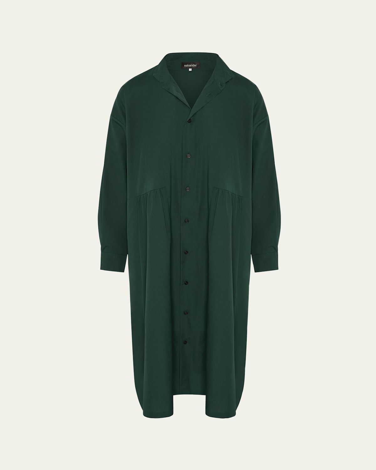 Eskandar Double Stand Collar Midi Shirtdress With Pleated Layer In Green