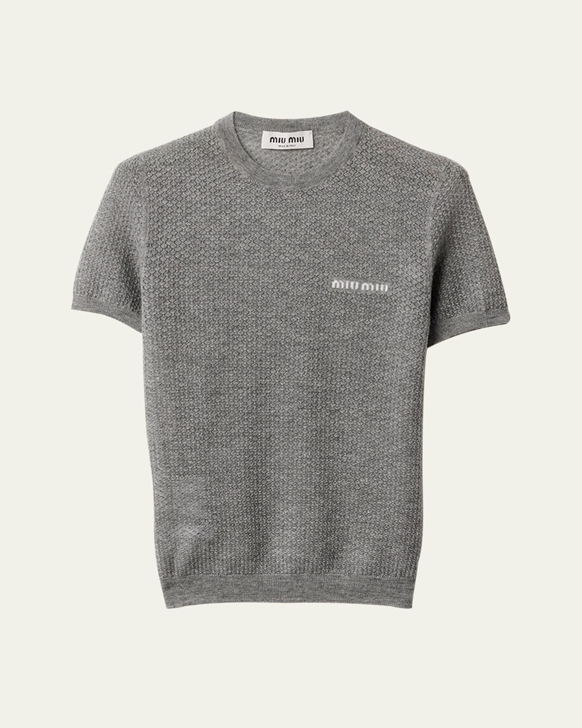 Miu Miu Cashmere Lacy Short-sleeve Sweater In Gray