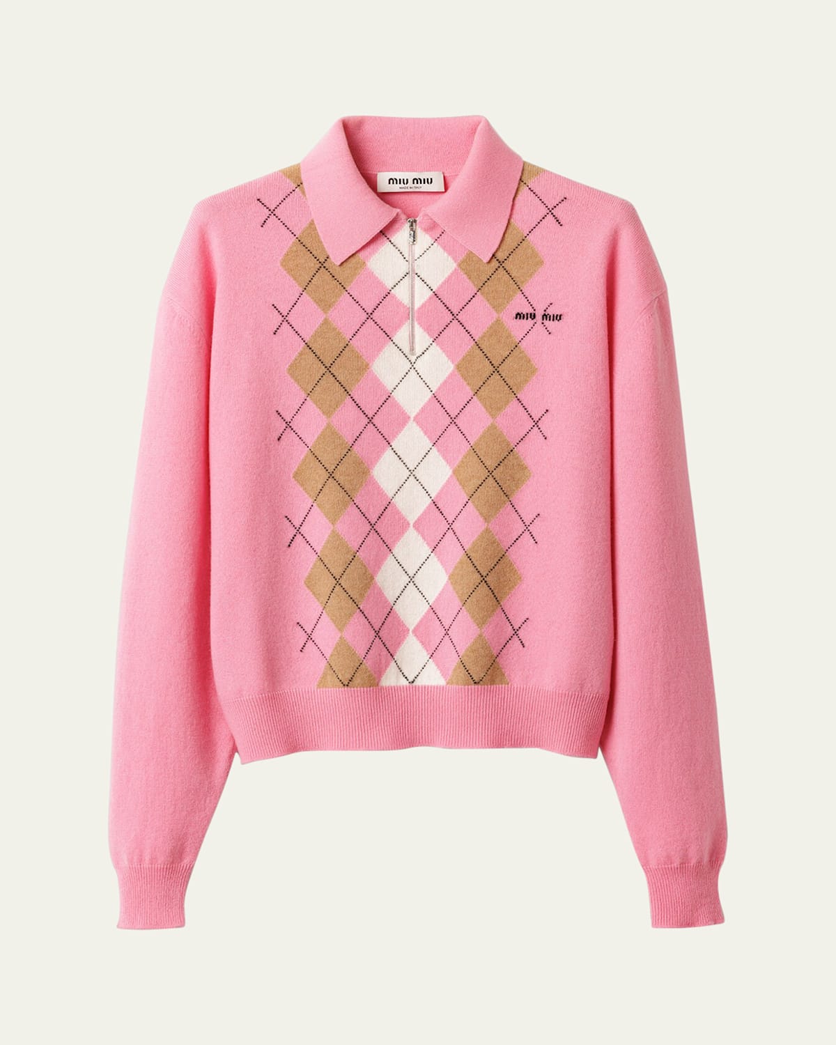 Miu Miu Cashmere Argyle Long-sleeve Polo Sweater In Pink