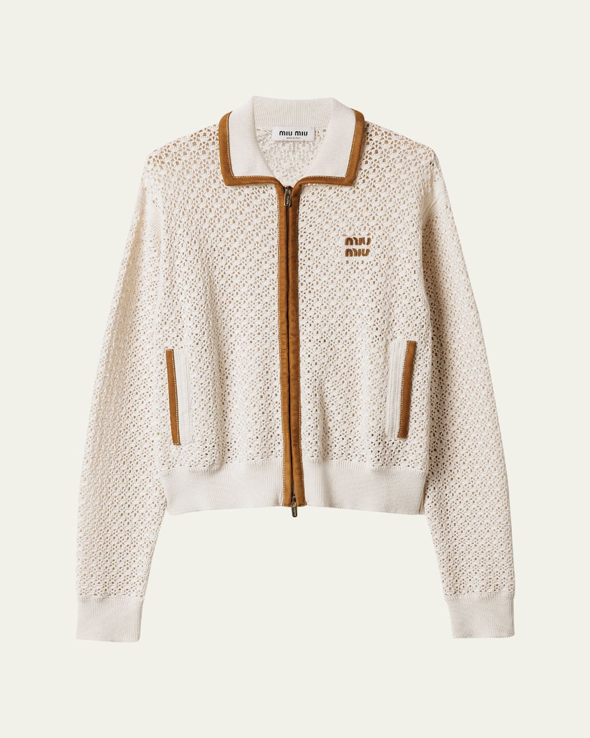 Suede-Trim Cotton Crochet Pelle Zip Cardigan
