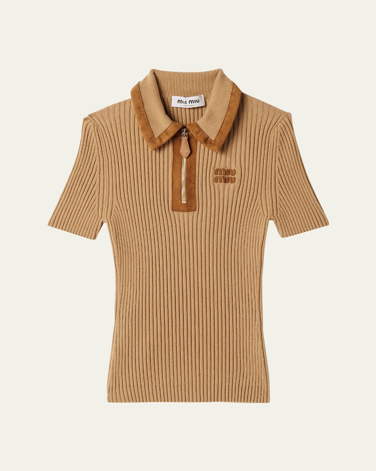 Miu Miu Cashmere Rib Short-sleeve Polo Top In Brown