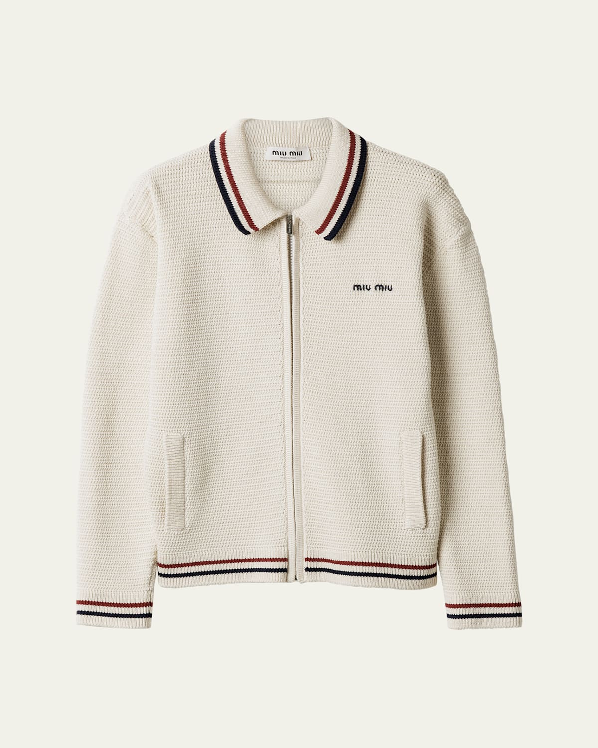 Striped-Trim Cotton Crochet Zip Cardigan