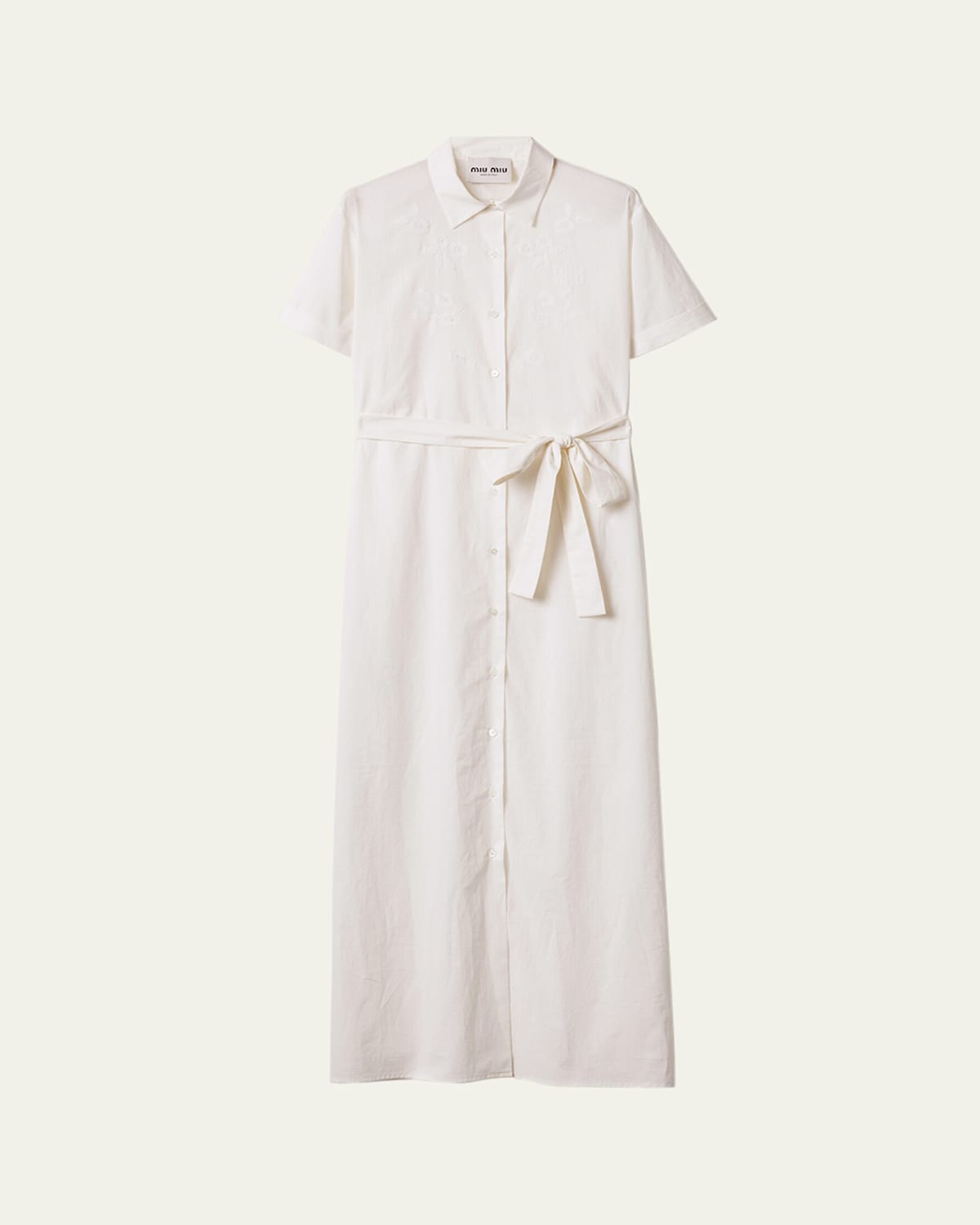 Miu Miu Batista Floral Embroidered Short-sleeve Belted Maxi Shirtdress In Neutral