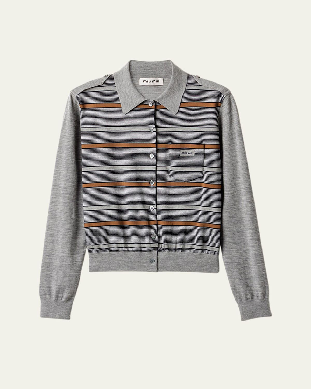 Miu Miu Striped Buttoned Wool Cardigan In Gray