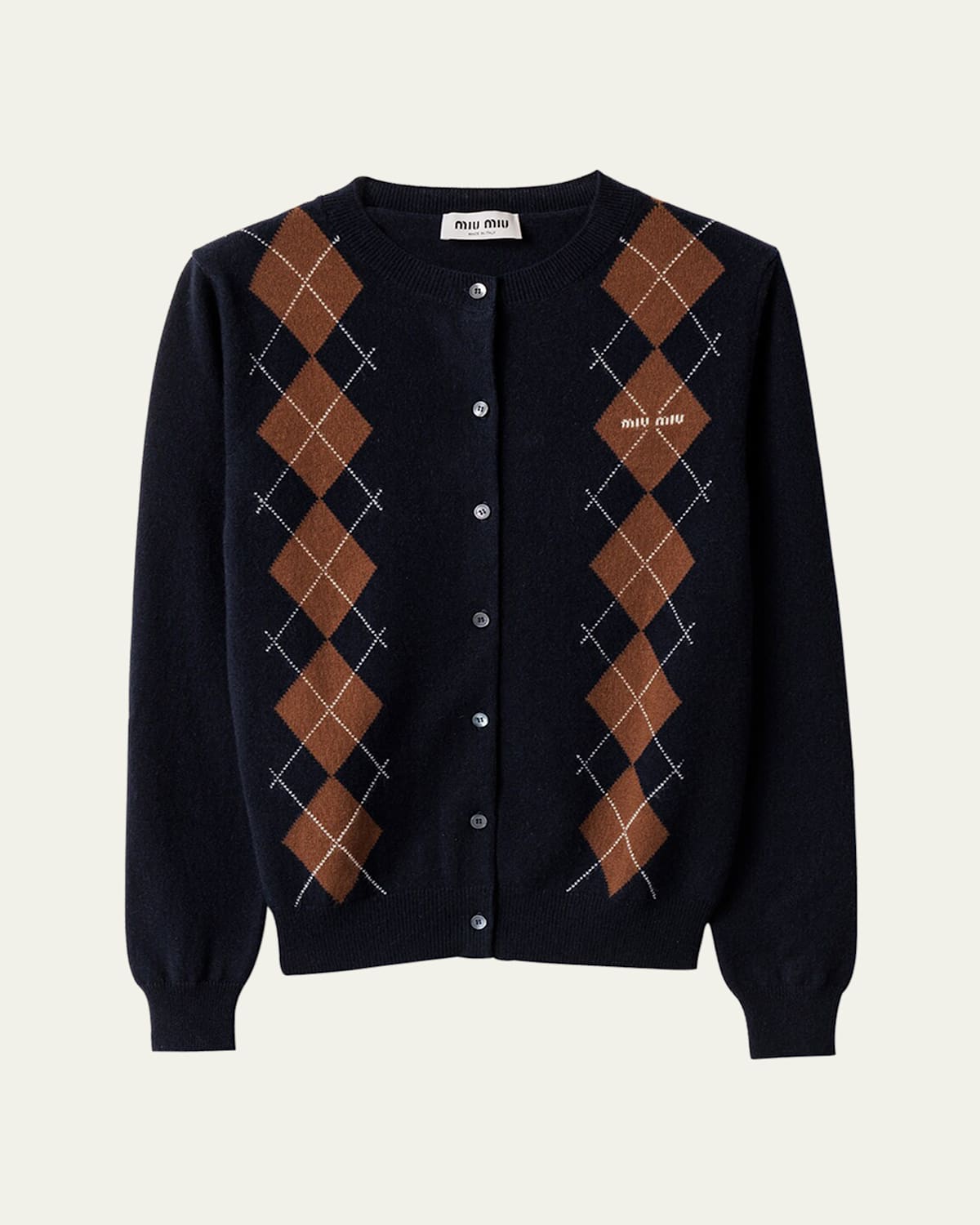 Miu Miu Cashmere Argyle Crewneck Cardigan In Blue