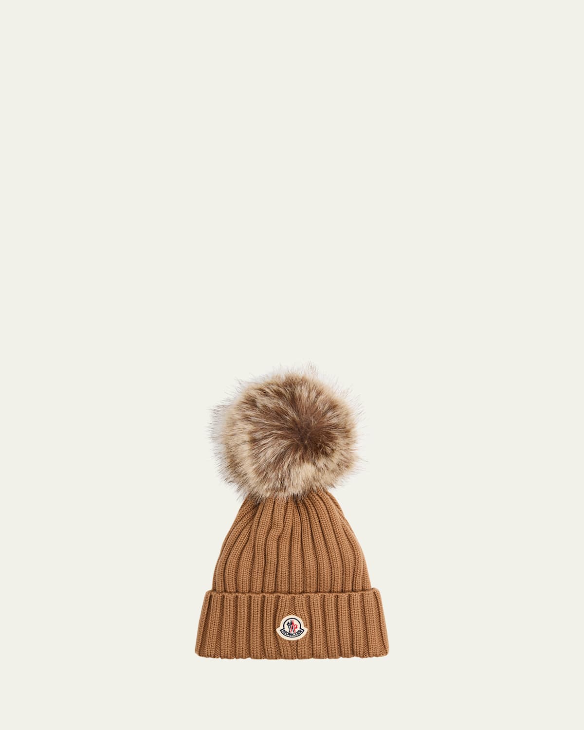 Moncler Ribbed Beanie With Faux Fur Pom In Brown
