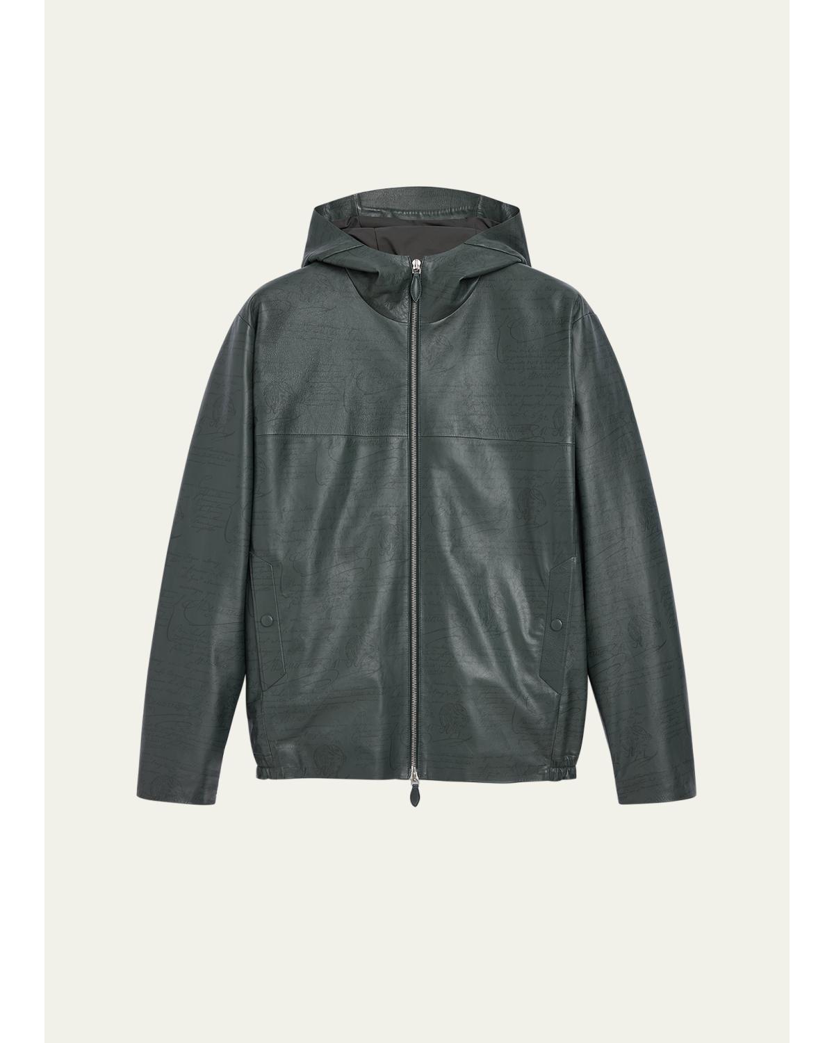 Men'S B-Way Scritto Leather Hooded Jacket