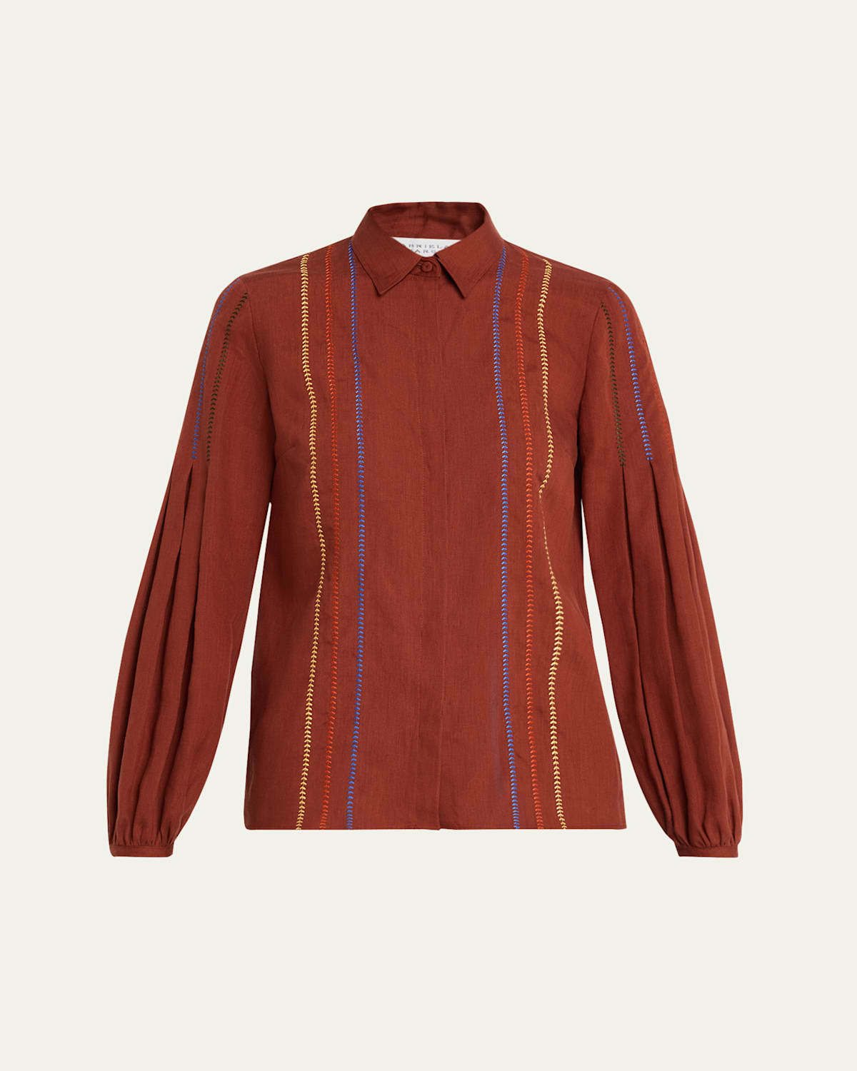 Gabriela Hearst Inga Pleated-Sleeve Embroidered Linen Blouse