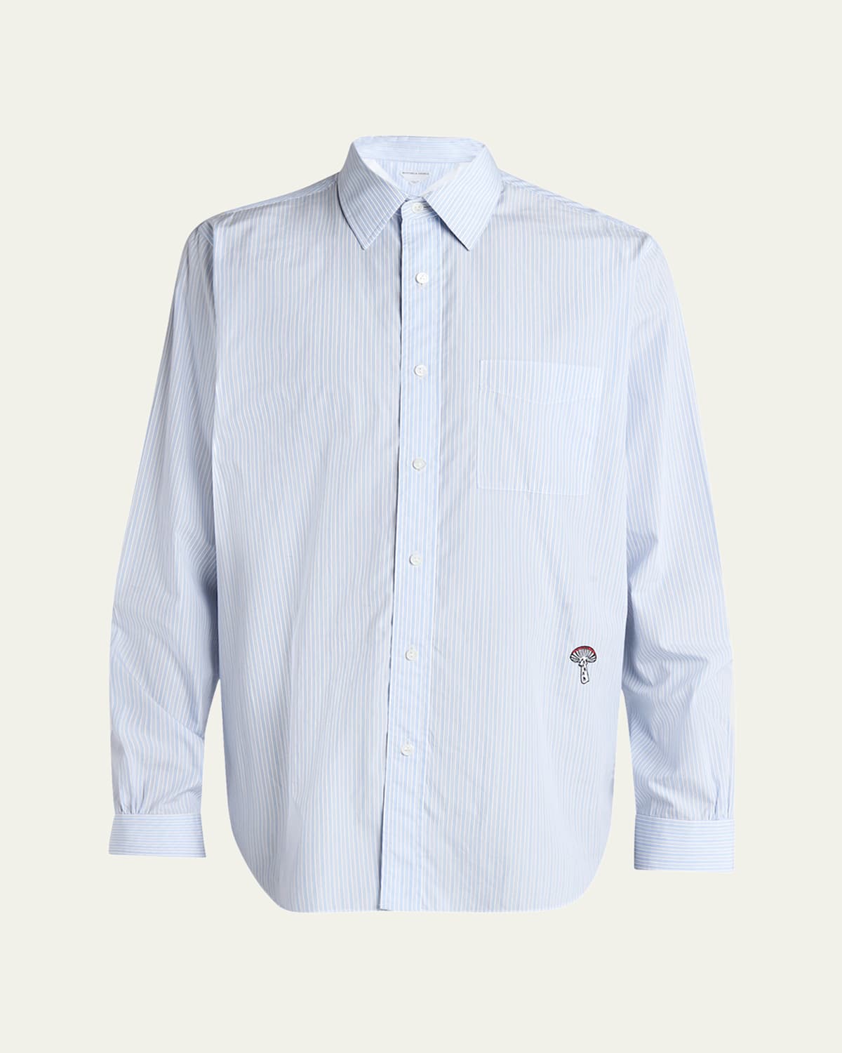 Bottega Veneta Men's Fine Stripe Poplin Shirt With Embroidered Mushroom Patch In Blue