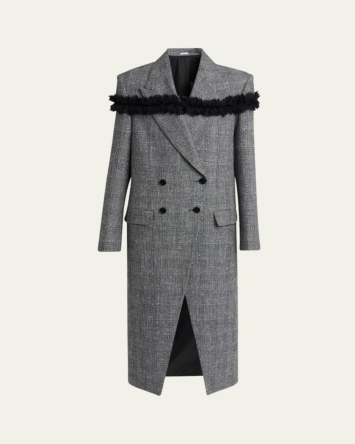 Alexander Mcqueen Ruffle Paillette Check Tweed Double-breasted Long Coat In Gray