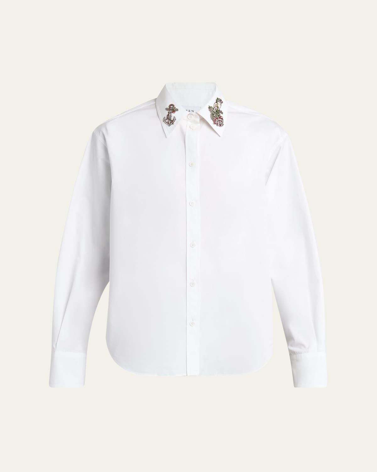 Alexander Mcqueen Strass Anchor Embroidered Collar Poplin Shirt In White