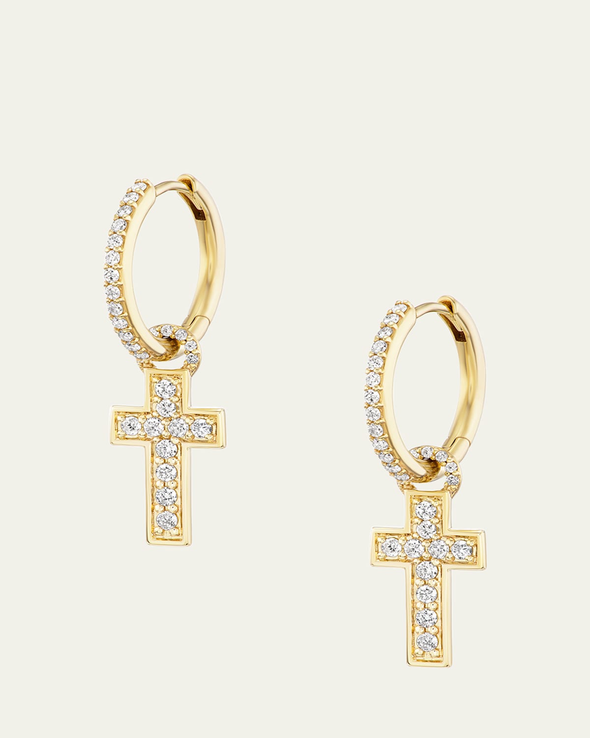 14K Yellow Gold Diamond Cross Charm Huggie Earrings