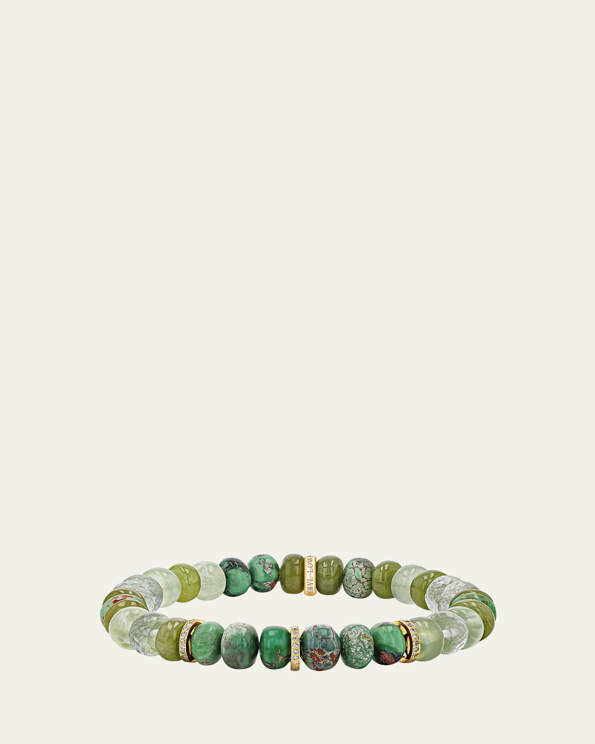 14K Yellow Gold Green Mix 8mm Bead Bracelet with 3 Diamond Rondelles