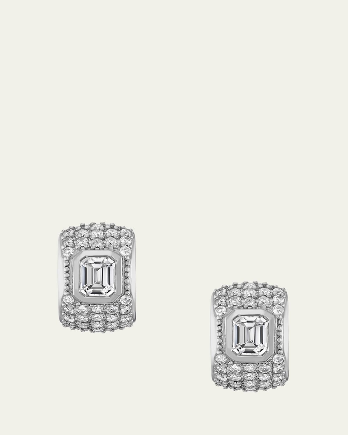 Emerald-Cut White Crystal Stone on Wide Pave Huggies