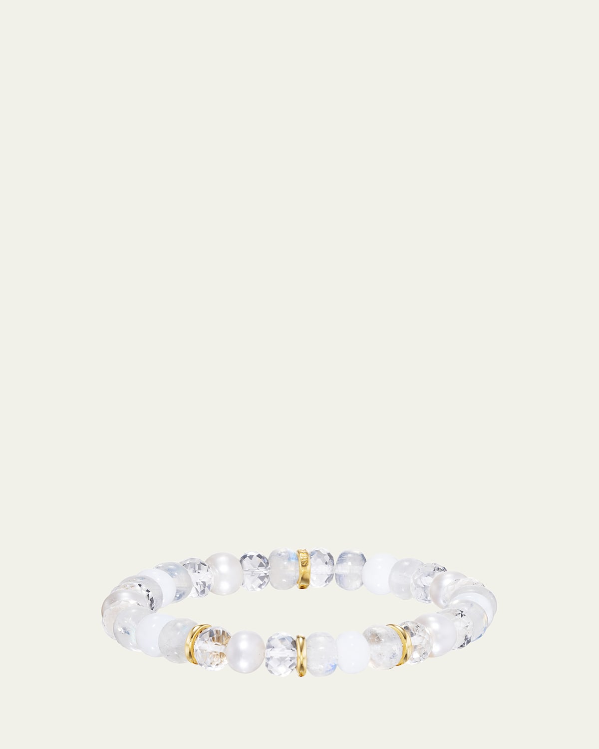 14K Yellow Gold White Mix Bead Bracelet with 3 Plain Rondelles