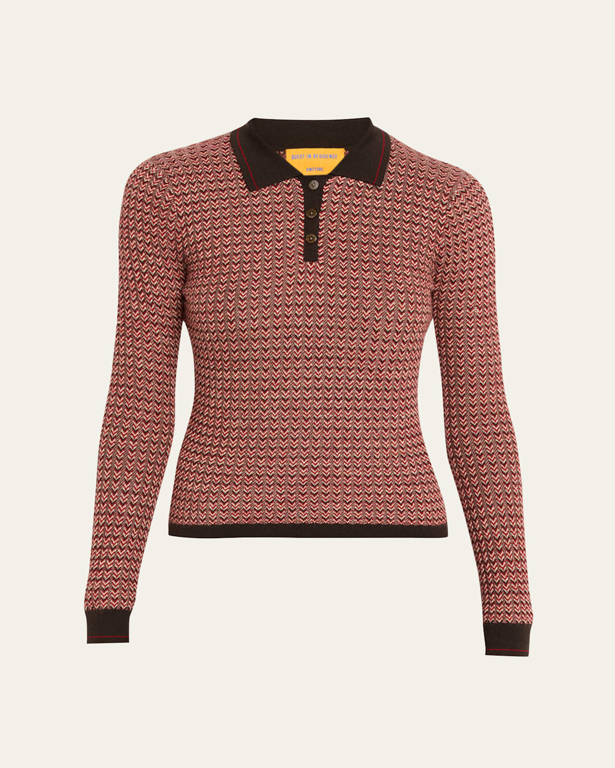 Guest In Residence Chevron Cashmere Long-sleeve Shrunken Polo In Animal Print