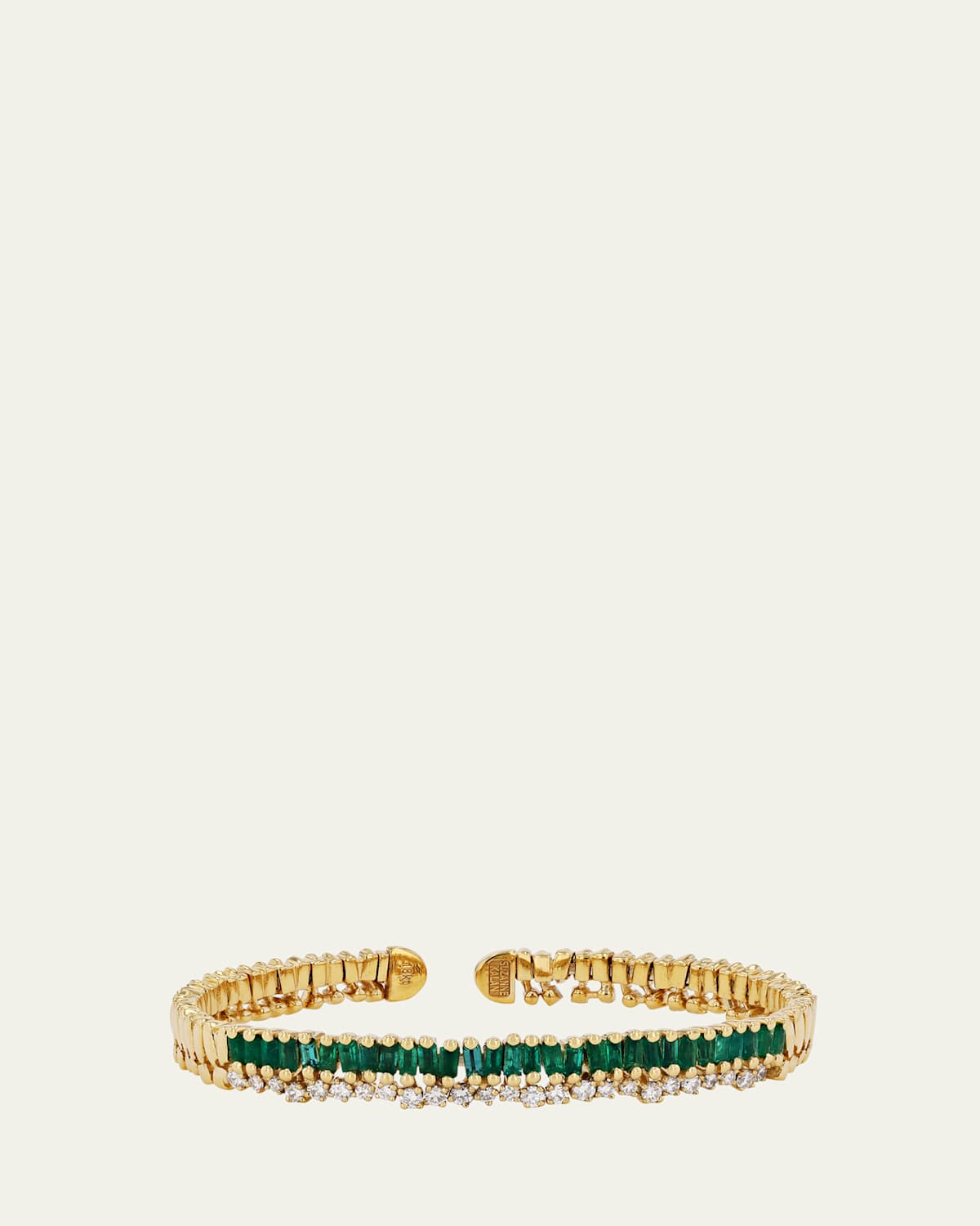 Suzanne Kalan 18K Yellow Gold One Of A Kind Short Stack Bangle with Emerald Baguettes and Round White Diamonds