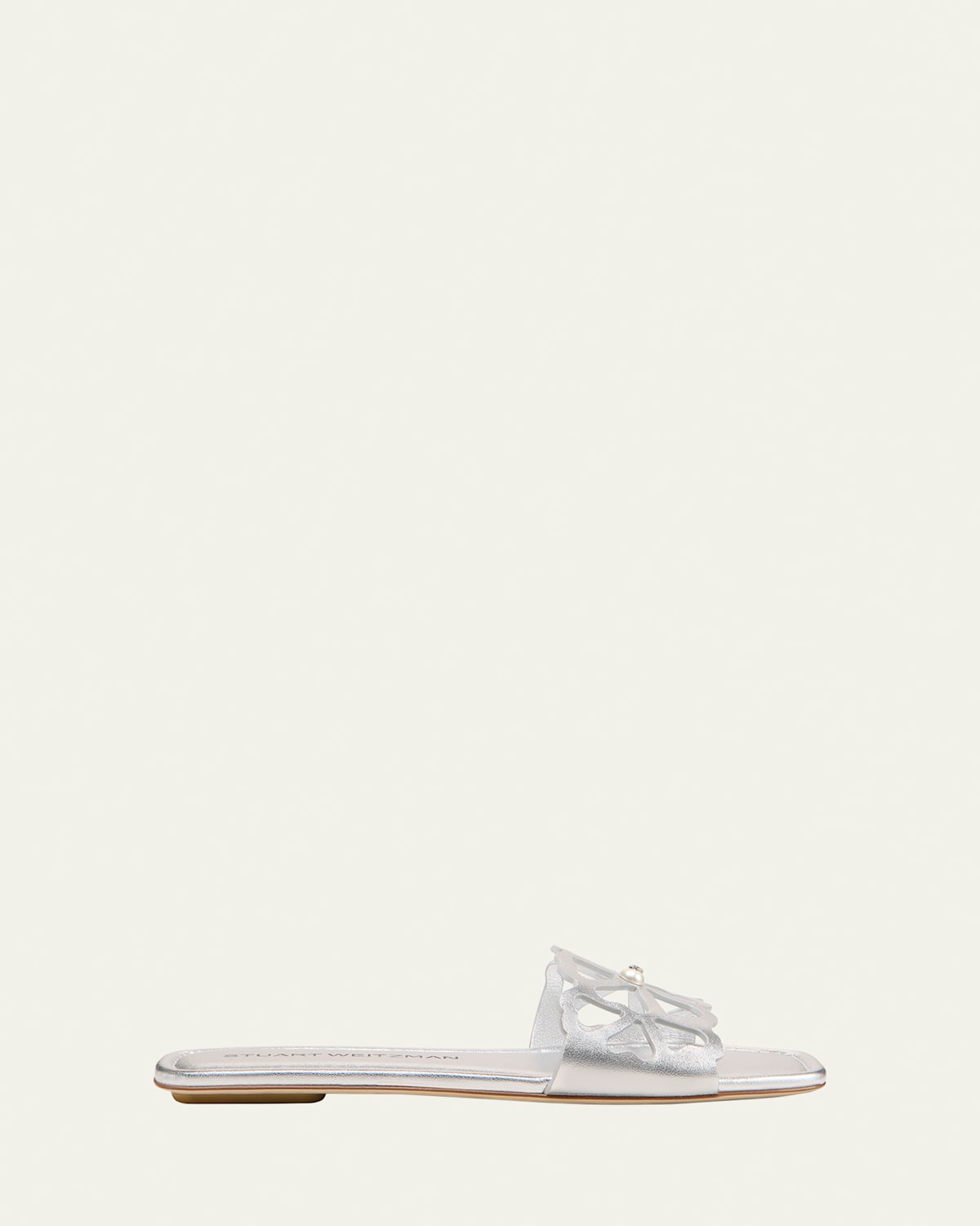 Stuart Weitzman Jasmine Metallic Cutout Flat Slide Sandals In Silver