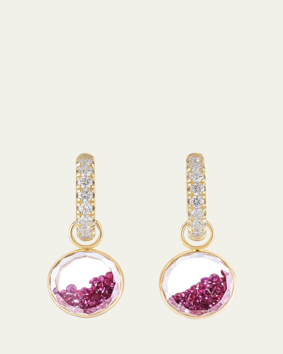 18K Yellow Gold Gala Shaker Huggie Hoop Earrings with Rubies, Diamonds and Kaleidoscope Shaker