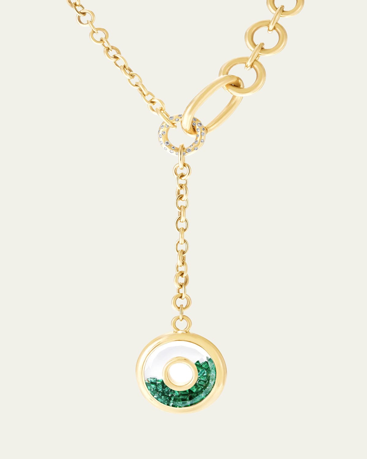 18K Yellow Gold Roda Lariat Necklace with Emeralds, Diamonds and Kaleidoscope Shaker