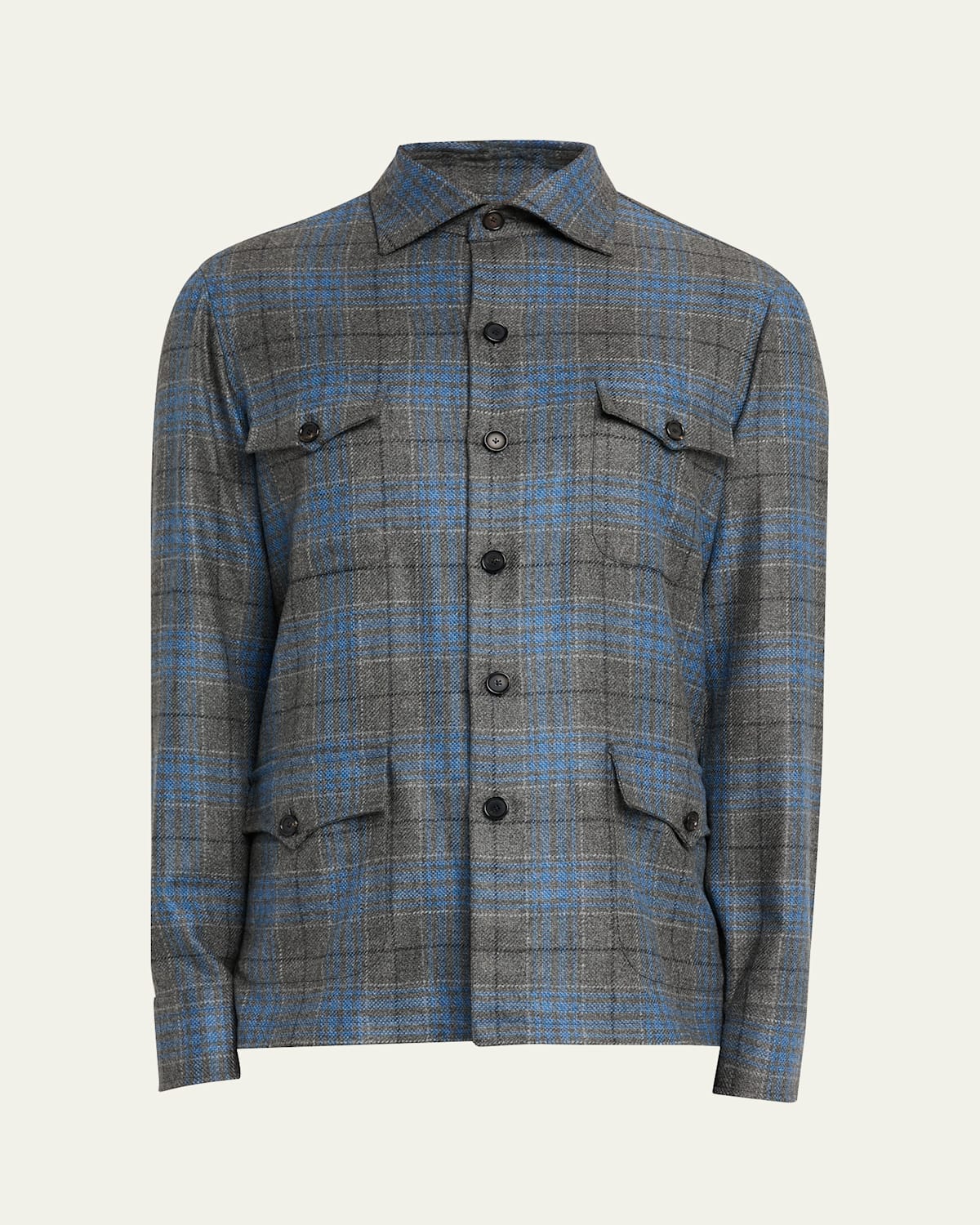 Men's Cashmere Plaid Flap-Pocket Overshirt