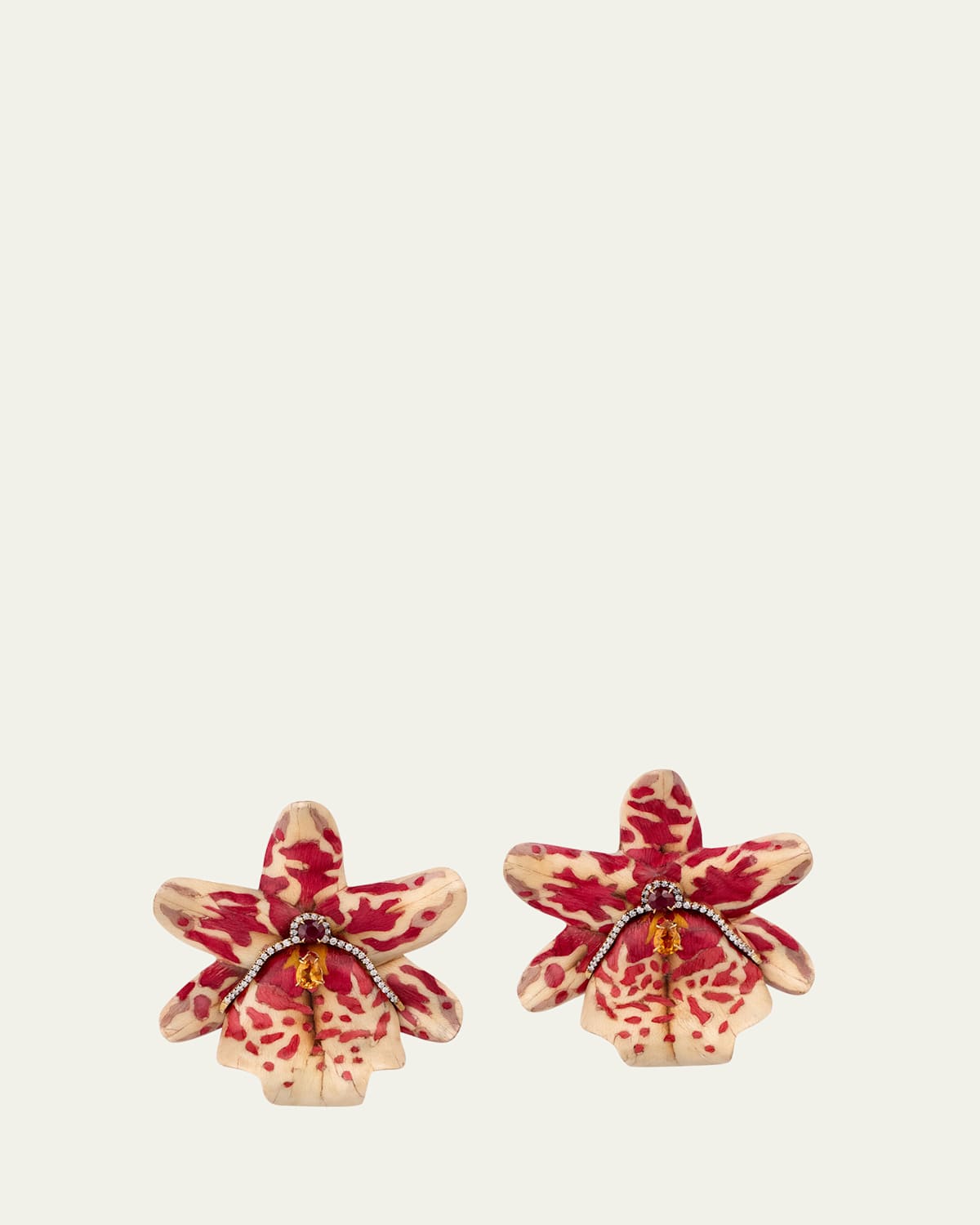 18K Yellow Gold Marquetry Orchid Earrings with Diamonds, Rubies and Citrine