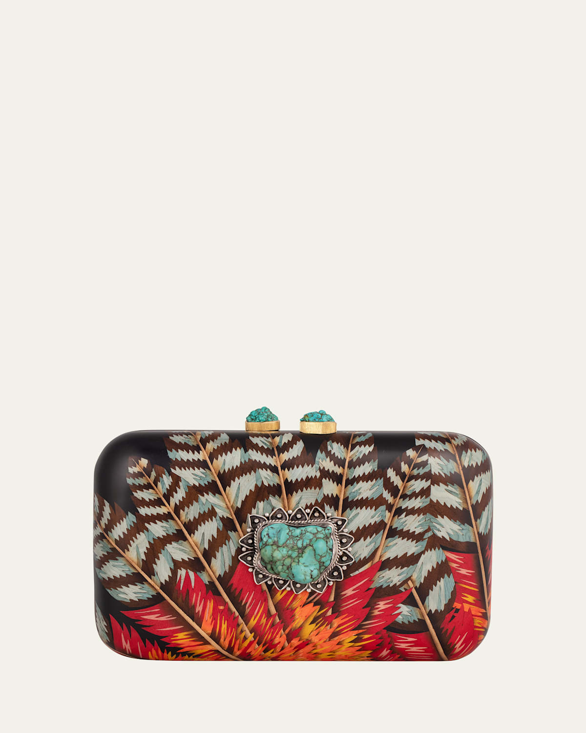 SILVIA FURMANOVICH 18K WHITE GOLD RECTANGULAR MARQUETRY CLUTCH WITH FEATHER PRINT AND TURQUOISE BUCKLE 