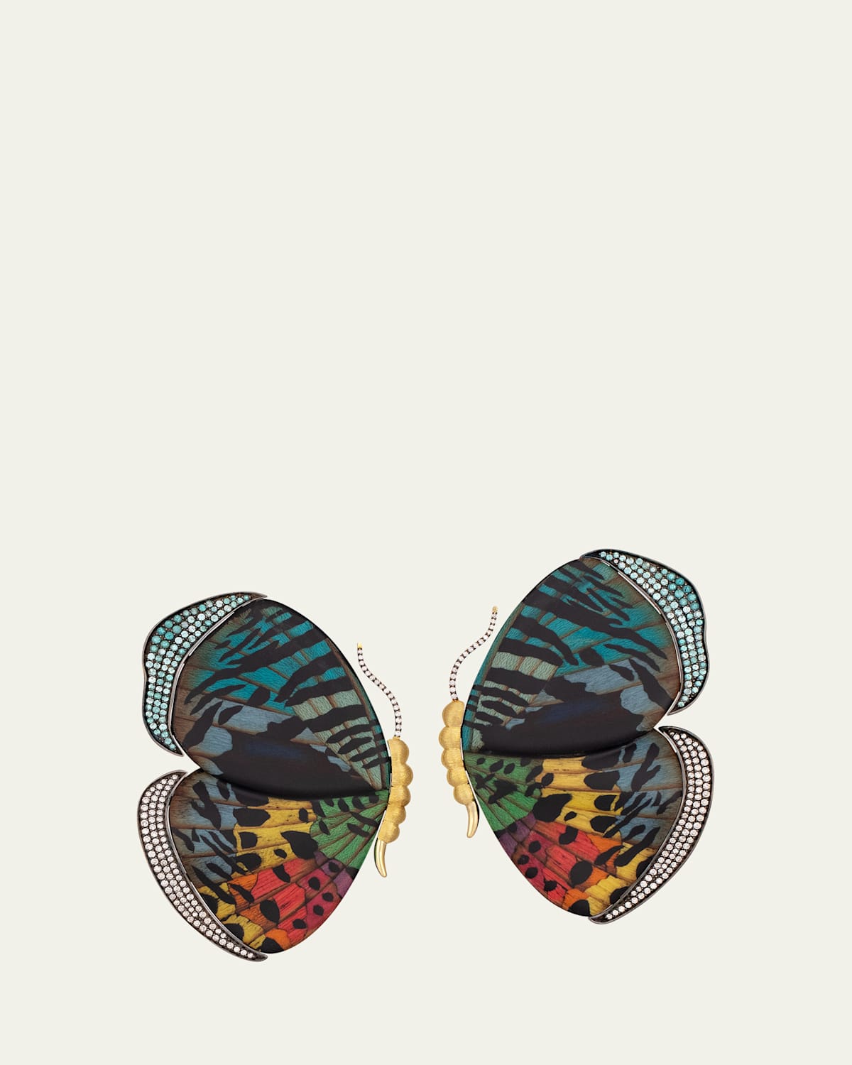 Silvia Furmanovich 18K Yellow Gold Marquetry Butterfly Wing Earrings with Diamonds and Tourmaline