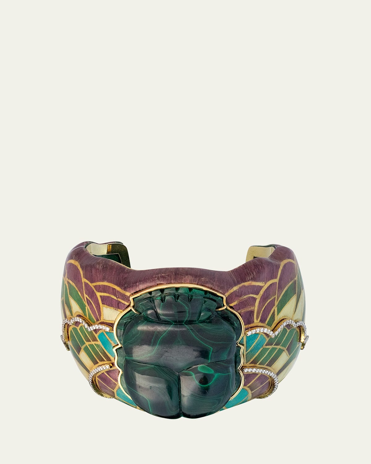 18K Yellow Gold Egyptian Marquetry Bracelet with Light Brown Diamonds and Malachite Scarab
