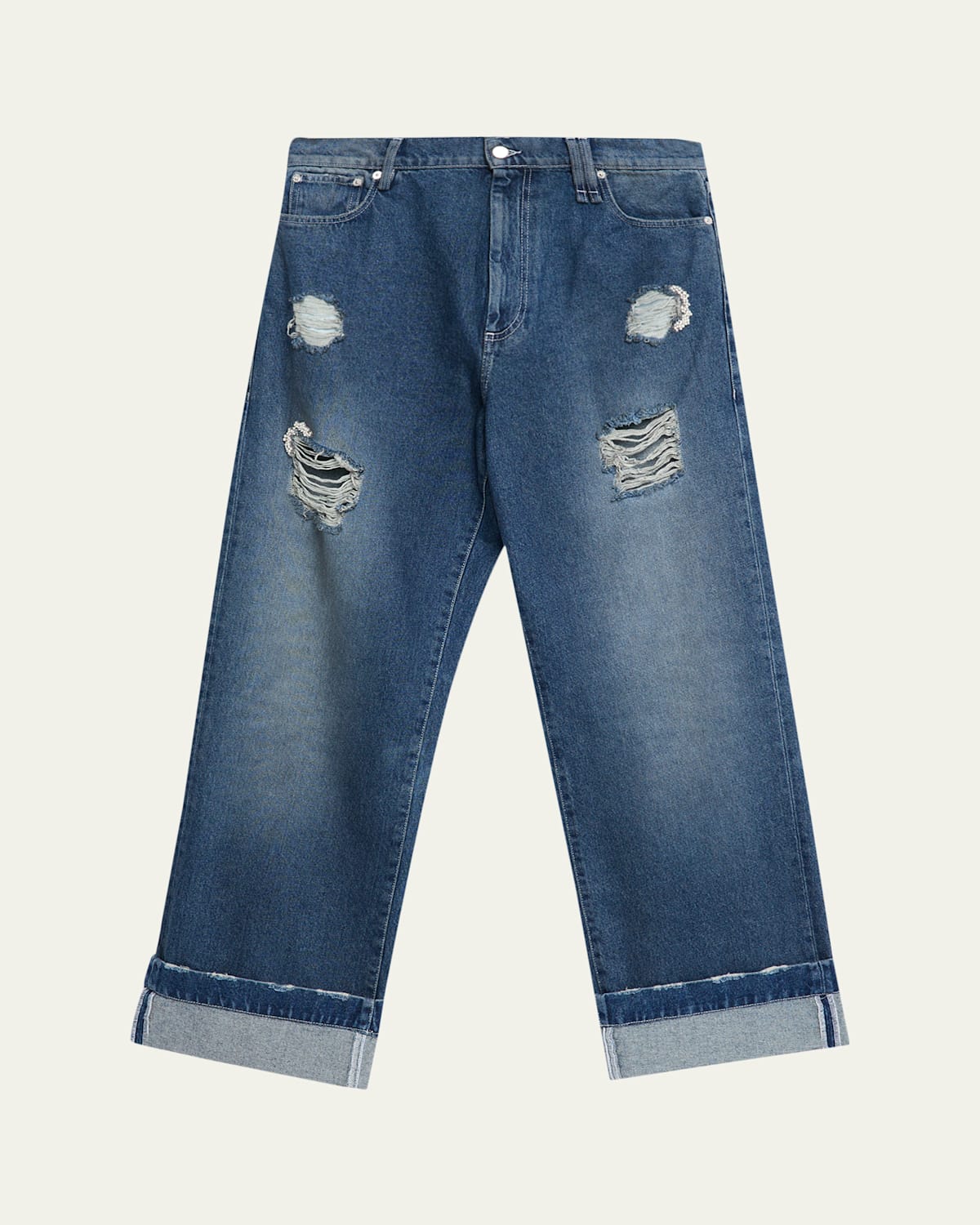 Simone Rocha Men's Distressed Straight Cuffed Jeans In Blue