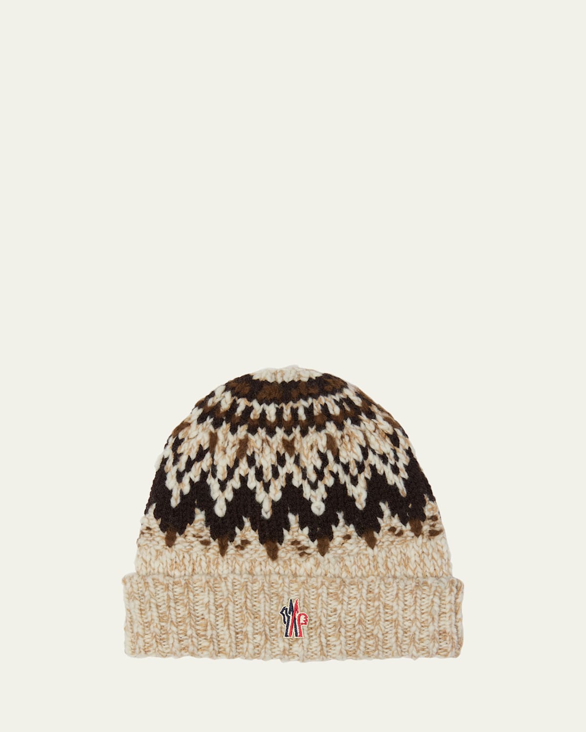 Moncler Beige Brown Geometric Pattern Beanie Hat In Neutral