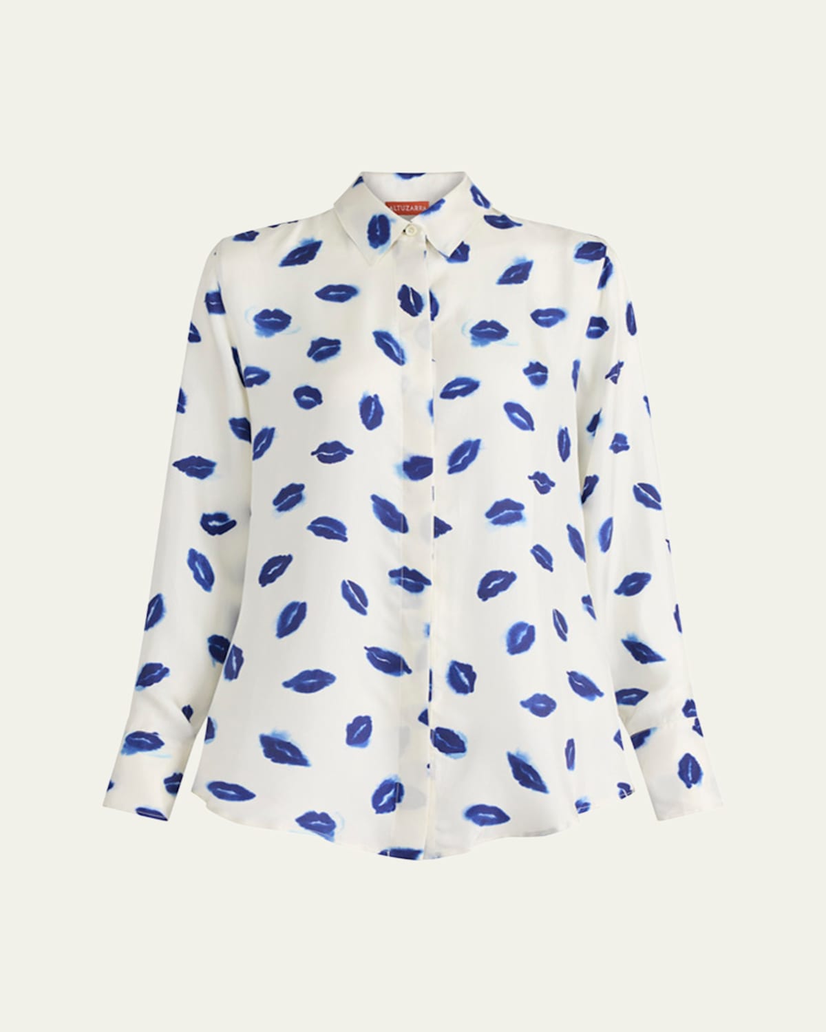 Chika Lip-Print Silk Button-Down Top