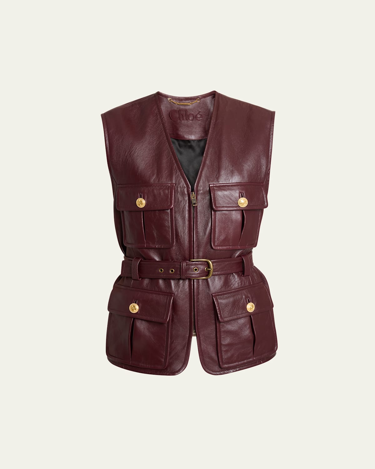 Chloé Leather Belted Waist Sleeveless Jacket In Burgundy