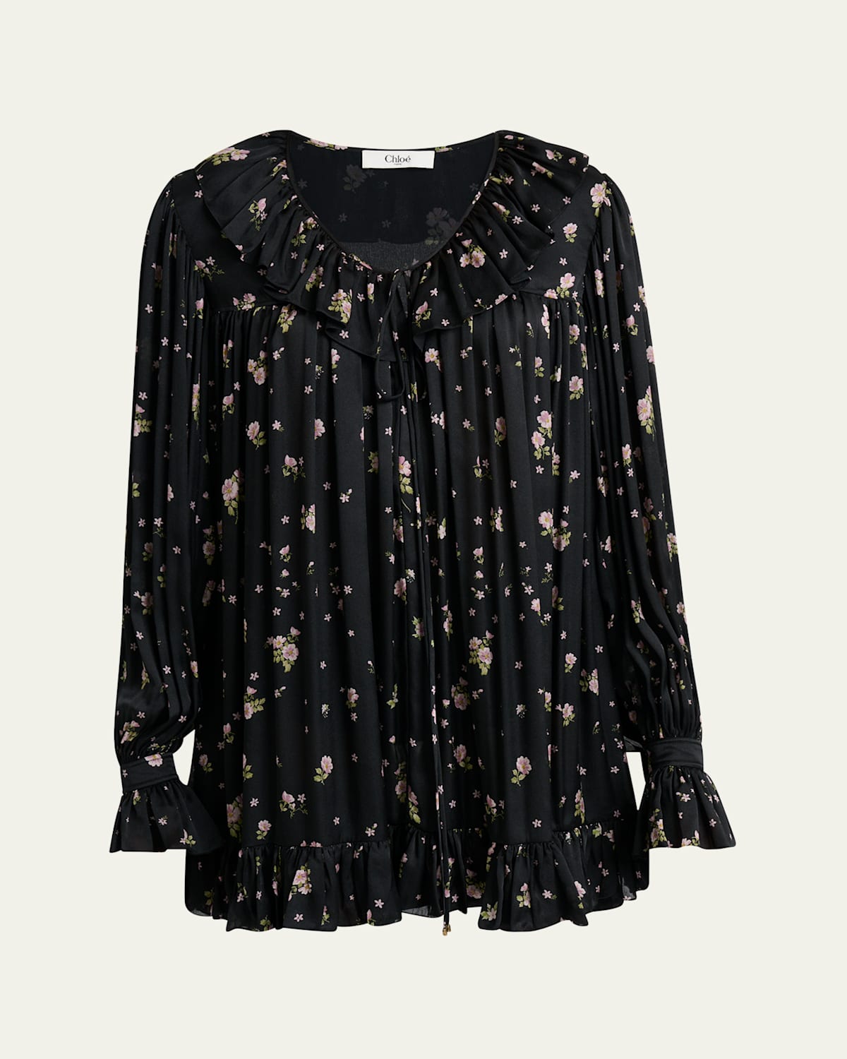 Chloé Liberty Print Long Sleve Silk Charmeuse Minidress In Black
