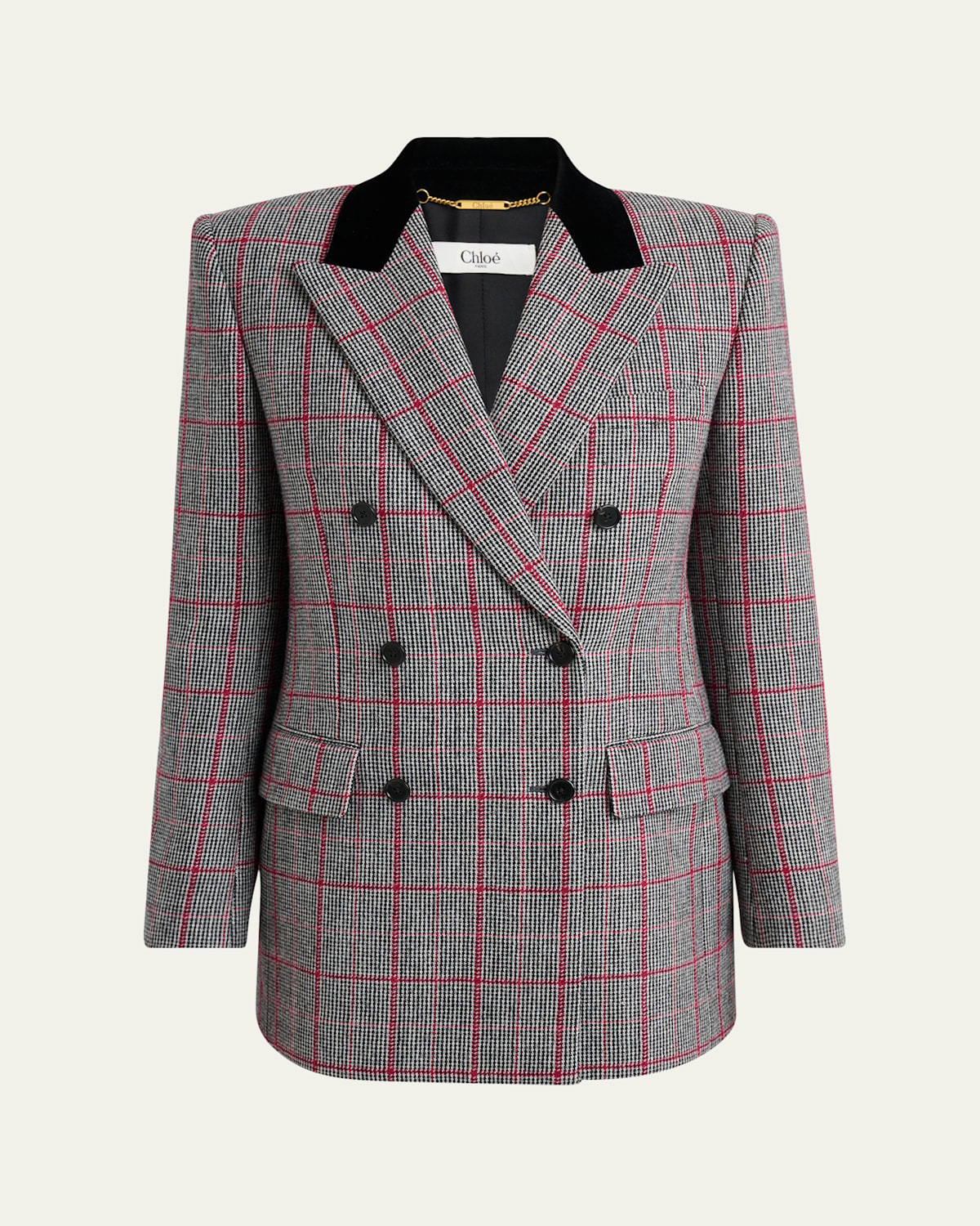 Chloé Check Wool Velvet-trim Double-breasted Jacket
